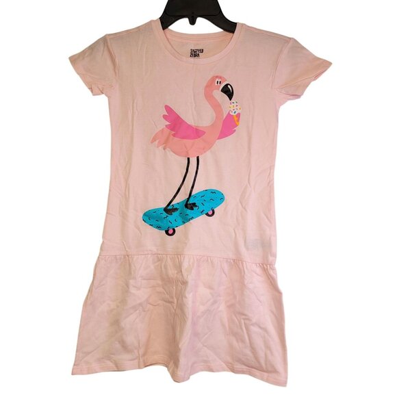 Spotted Zebra Girls Flamingo Skateboard Graphic Short Sleeves Dress Pink Small - Picture 1 of 9